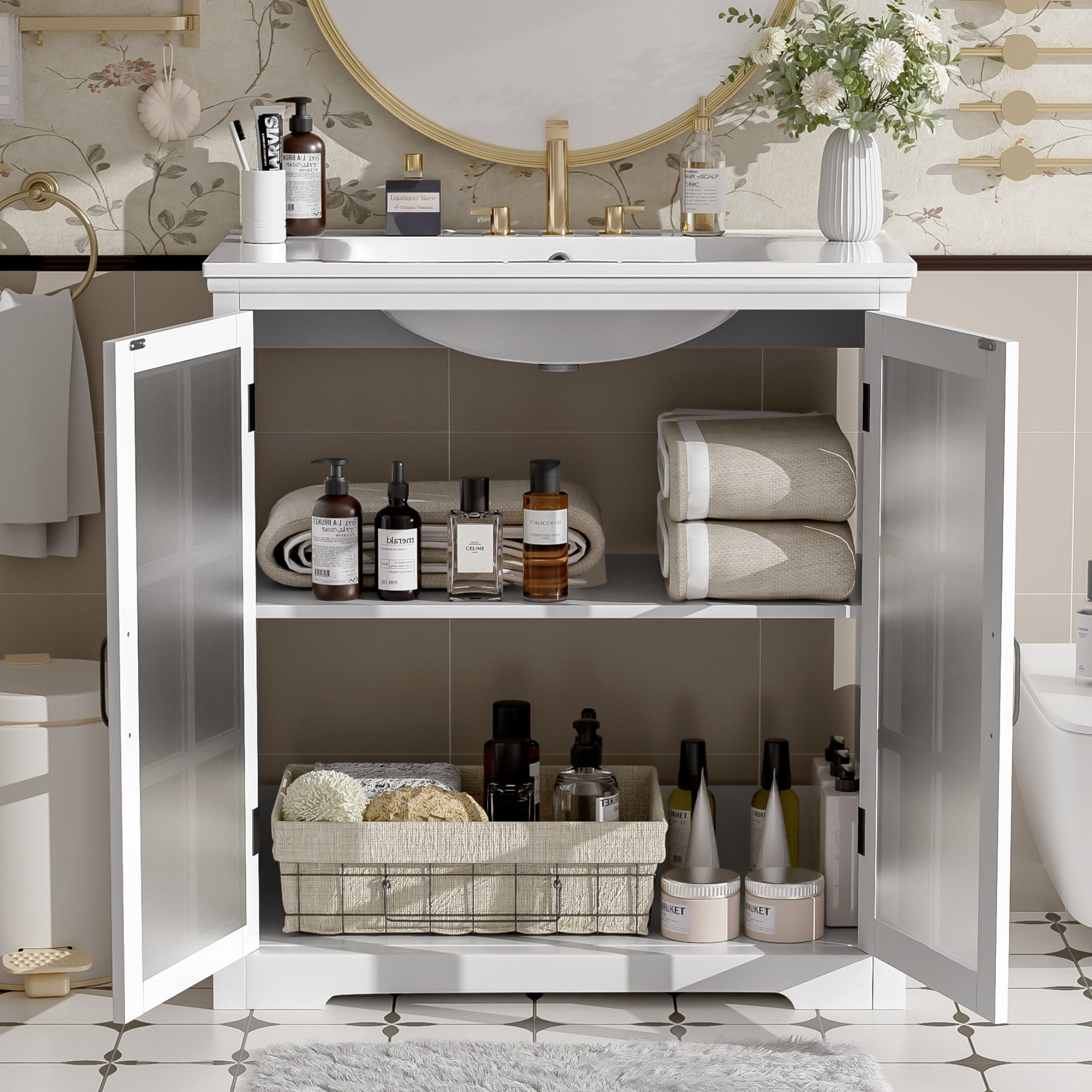 Euroco 30" Modern Bathroom Vanity with Ceramic Sink, Tempered Blurred Glass Doors, Adjustable Shelf & Matte Hardware – Rubber Wood Frame, Widespread Faucet Compatible