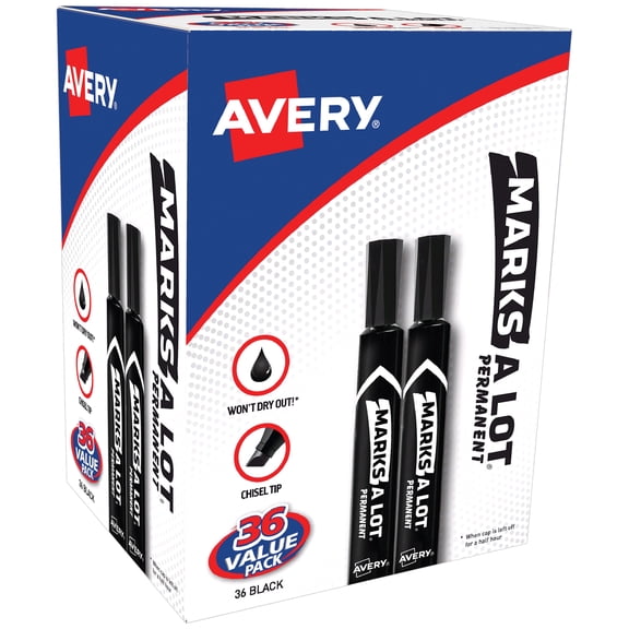 Avery Marks A Lot Permanent Markers, Large Desk-Style, Black, 36/BX