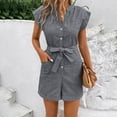 thumbnail image 2 of Lenpel Women's Plus Size Rompers Striped Cap Sleeve V Neck Button down Belted Wide Leg Jumpsuits Casual Overall Shorts with Pockets, 2 of 7