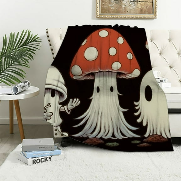PRATYUS Mushroom Ghost Halloween Flannel Throw Blanket for Bed Couch Sofa All Seasons Comfort Blanket 40x50in