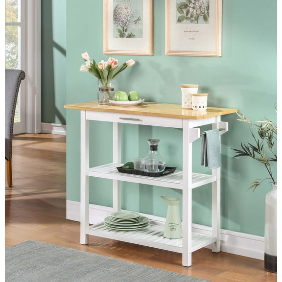 Convenience Concepts Designs2Go 3 Tier Butcher Block Kitchen Prep Island with Drawer, White/Butcher Block