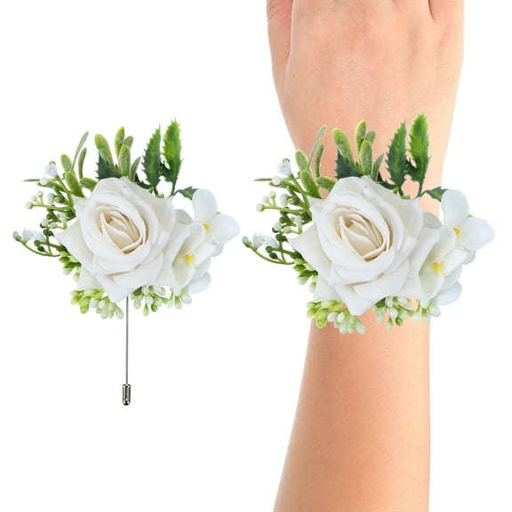 Uxcell Rose Bridesmaid Wrist Corsage Set for Groom Bride Groomsmen Wedding Suits Prom Ceremony Anniversary White