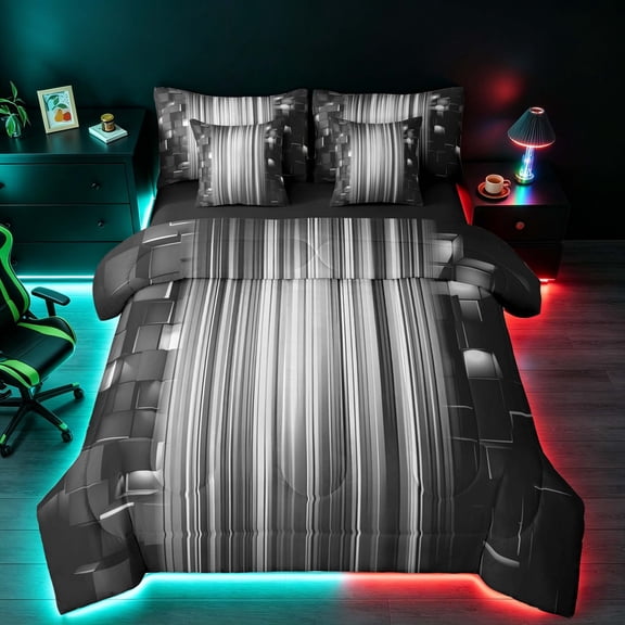 Manfei 3D Neon Stripes Twin Bedding, Vertical Lines Bedding Comforter Set, Black White, Black Reversible 7pcs