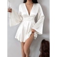 thumbnail image 6 of Women'S Deep V Neck Long Sleeve Mini Satin Silk Dress Elegant Flowy Wedding Guest Party Short Dresses White M, 6 of 9