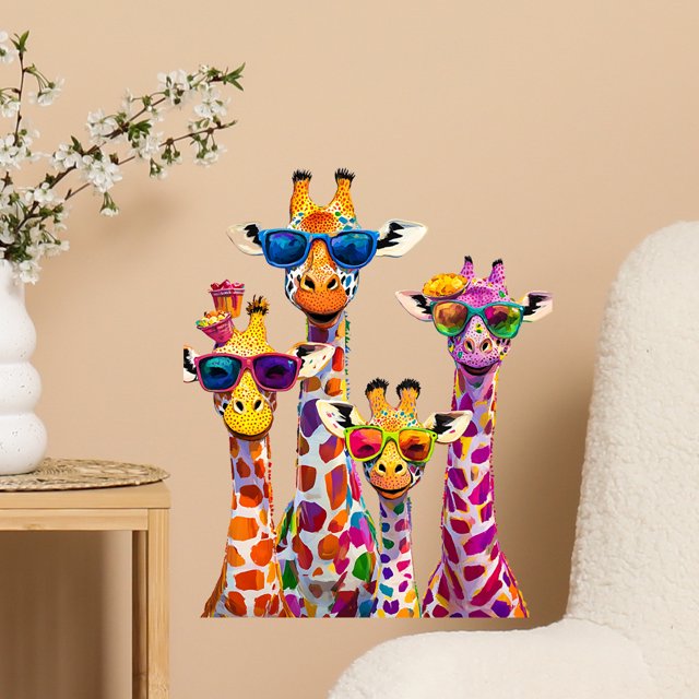 Adhesivos de pared coloridos de PVC con dibujos animados de jirafas, 29,5 x 29,5 cm