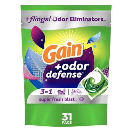 Gain Flings Laundry Detergent Pacs with Odor Defense, Super Fresh Blast Scent, 31 Count
