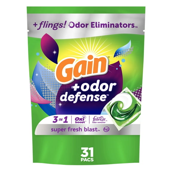 Gain Flings Laundry Detergent Pacs with Odor Defense, Super Fresh Blast Scent, 31 Count