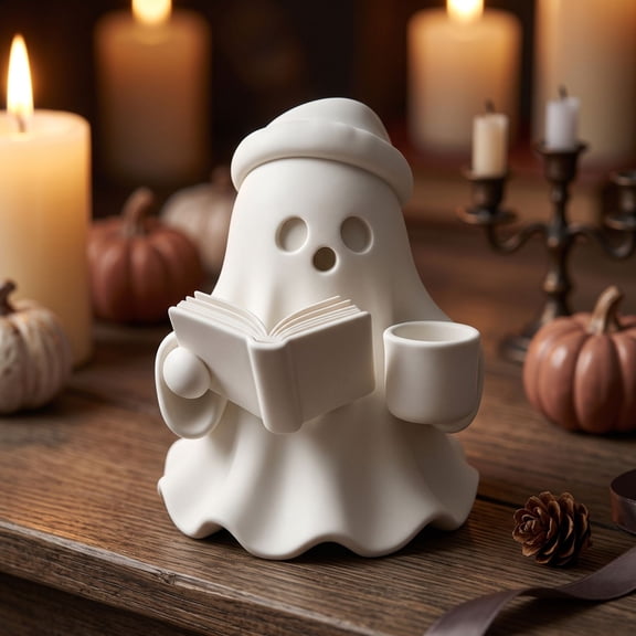 Cheap Halloween Decorations Oudoor Indoor -- Cute Reading Ghost With Santa Hat Resin Figurine Ghost Holding Book And Coffee Cup Statue Fall Halloween Tabletop Decor For Indoor Home Display
