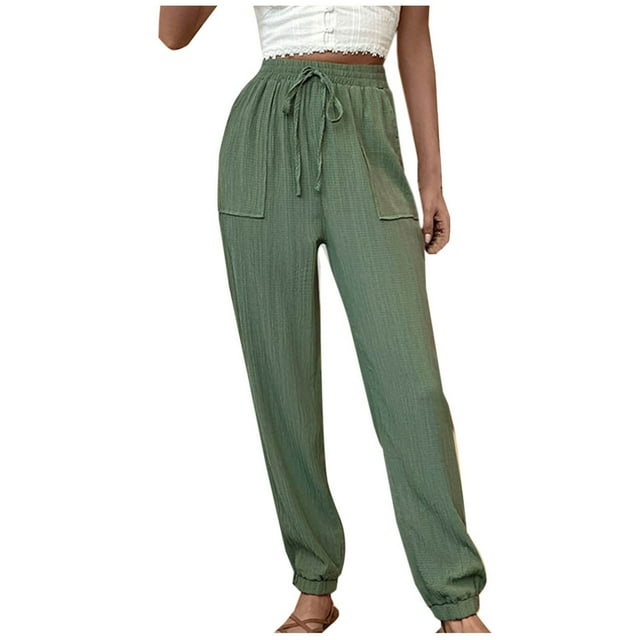 Timegard Lounge Pants for Women Elastic Waisted Drawstring Solid Color Baggy Casual Pants with Pockets