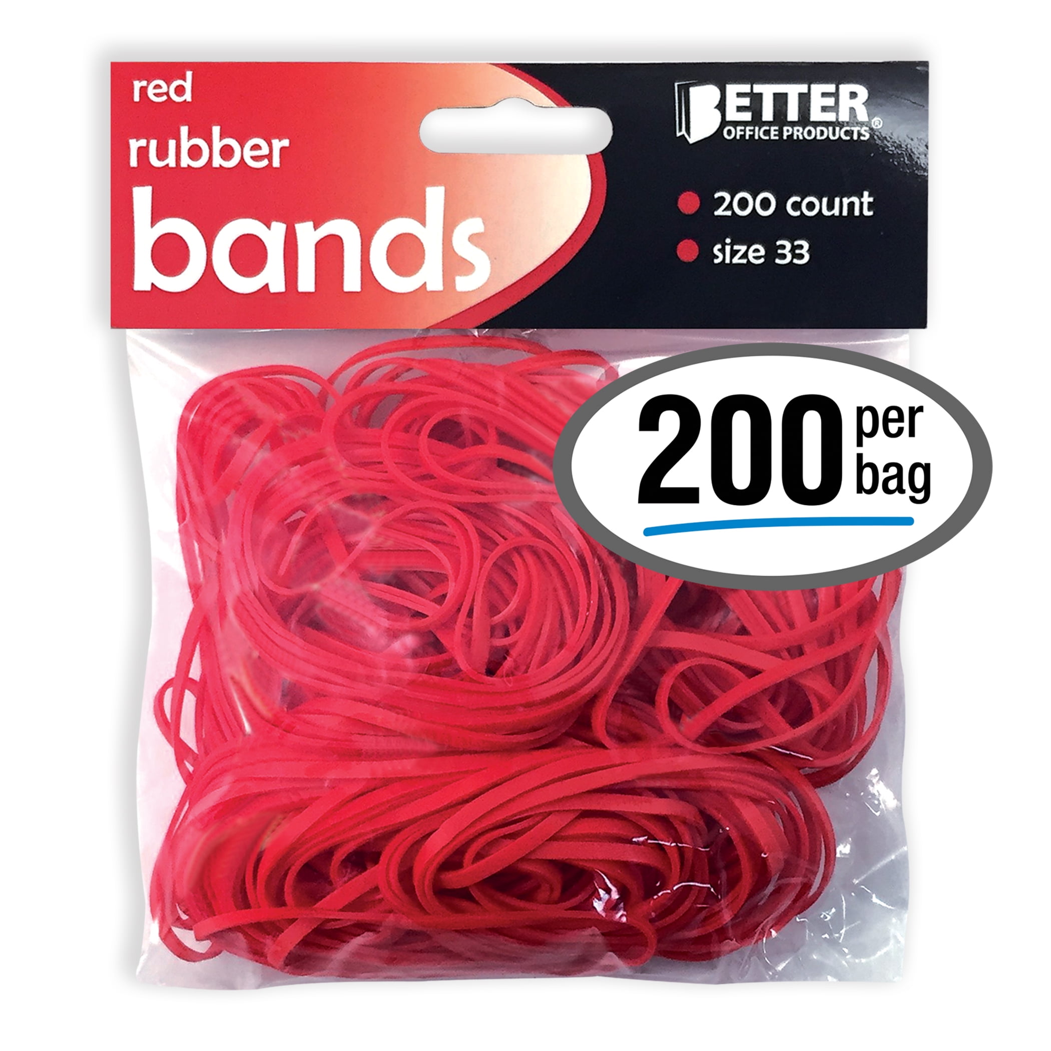 200 Red Rubber Bands, by Better Office Products, Size 33, 200/Bag, Bright Red Rubber Bands