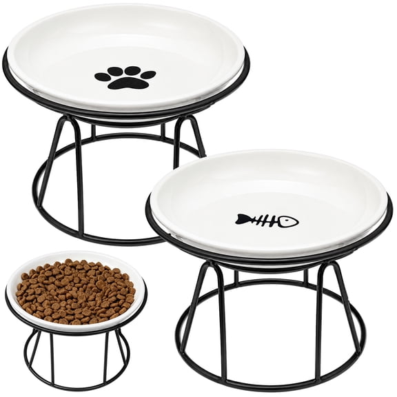 2 Sets 7 oz Elevated Cat Bowls with Stand, 3.9 in Raised Stands with 6.0 in Ceramic Cat Bowls, Whisker Fatigue Dishes for Digestive Comfort, Cute Indoor Pet Feeding Station