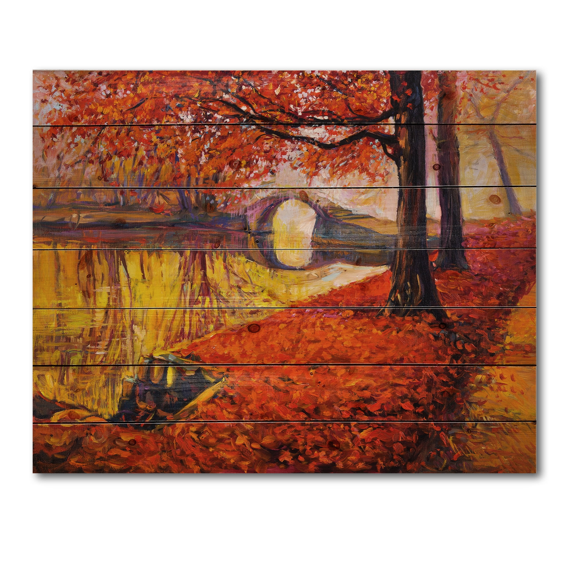 Designart 'Little Bridge In Deep Orange Autumn Landscape I' Traditional Print on Natural Pine Wood