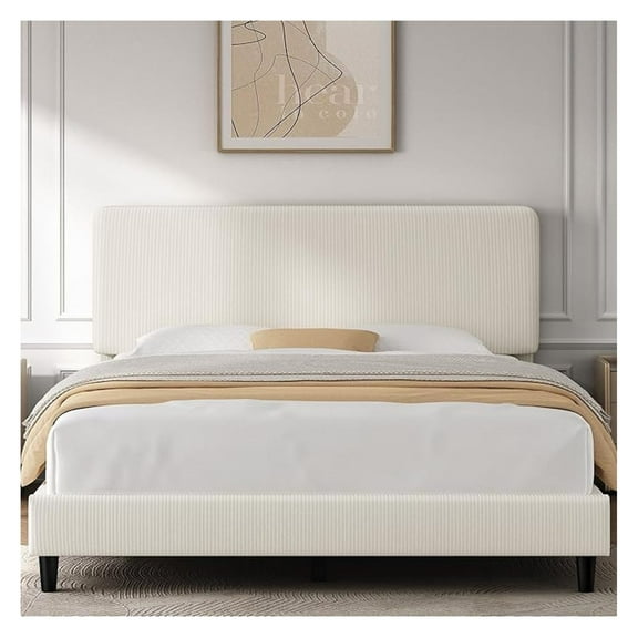 Queen Bed Frames with Adjustable Headboard, Chenille Fabric Upholstered Headboard/Platform Bed, Queen Size Bed Frame No Box Spring Needed/Wood Slats Support/Easy Assembly/Beige