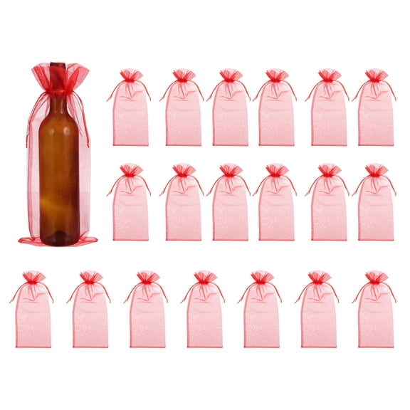 14.5 x 5.5 inch Organza Wine Bags, 20Pcs Drawstring Organza Bottle Gift Bags Sheer Wine Wrapping Bag for Bottle Wrap Birthday Christmas Wedding Party Favors, Bright Red