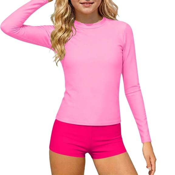 MGDXOX Girls Long Sleeve Rash Guard Athletic Boyshorts Swimsuits 2 Piece Bathing Suit UPF 50 Swimwears Pink 9-10Years