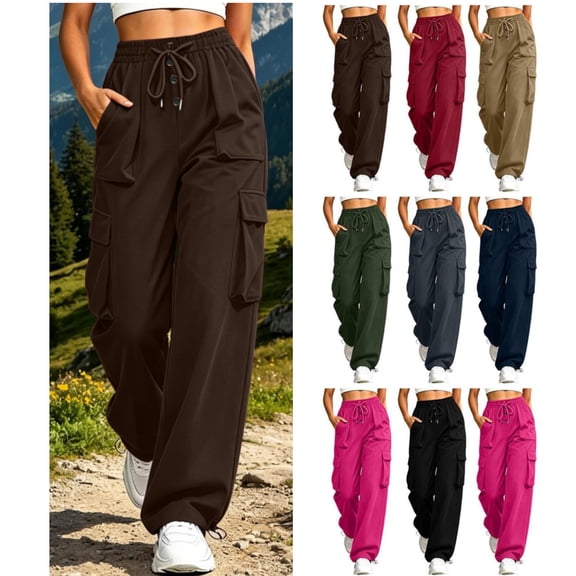 Cagogo Women Plus Size Wide Leg Cargo Pants Elastic Waist Casual Hiking Loose Long Pants with Pockets Outdoor Travel Trousers Summer Breathable Beach Work Clothes, Brown M