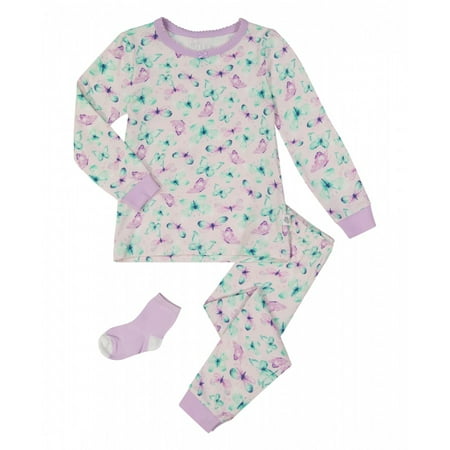 

Sleep On It Infant/Toddler Girls Vibrant Butterflies Snug Fit 2-Piece Pajama Sleep Set with Matching Socks - Purple (Sizes 12M-4T)