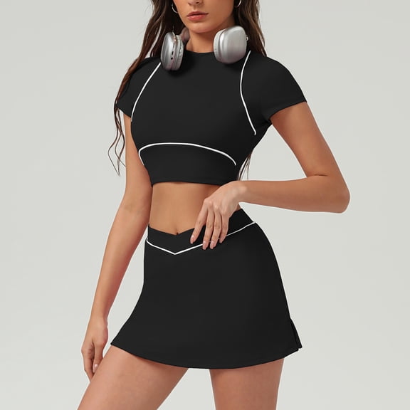 PISONIC 2 Piece Tennis Dress for Women Tennis Skirt Short Sleeves Crop Top Golf Workout Outfits