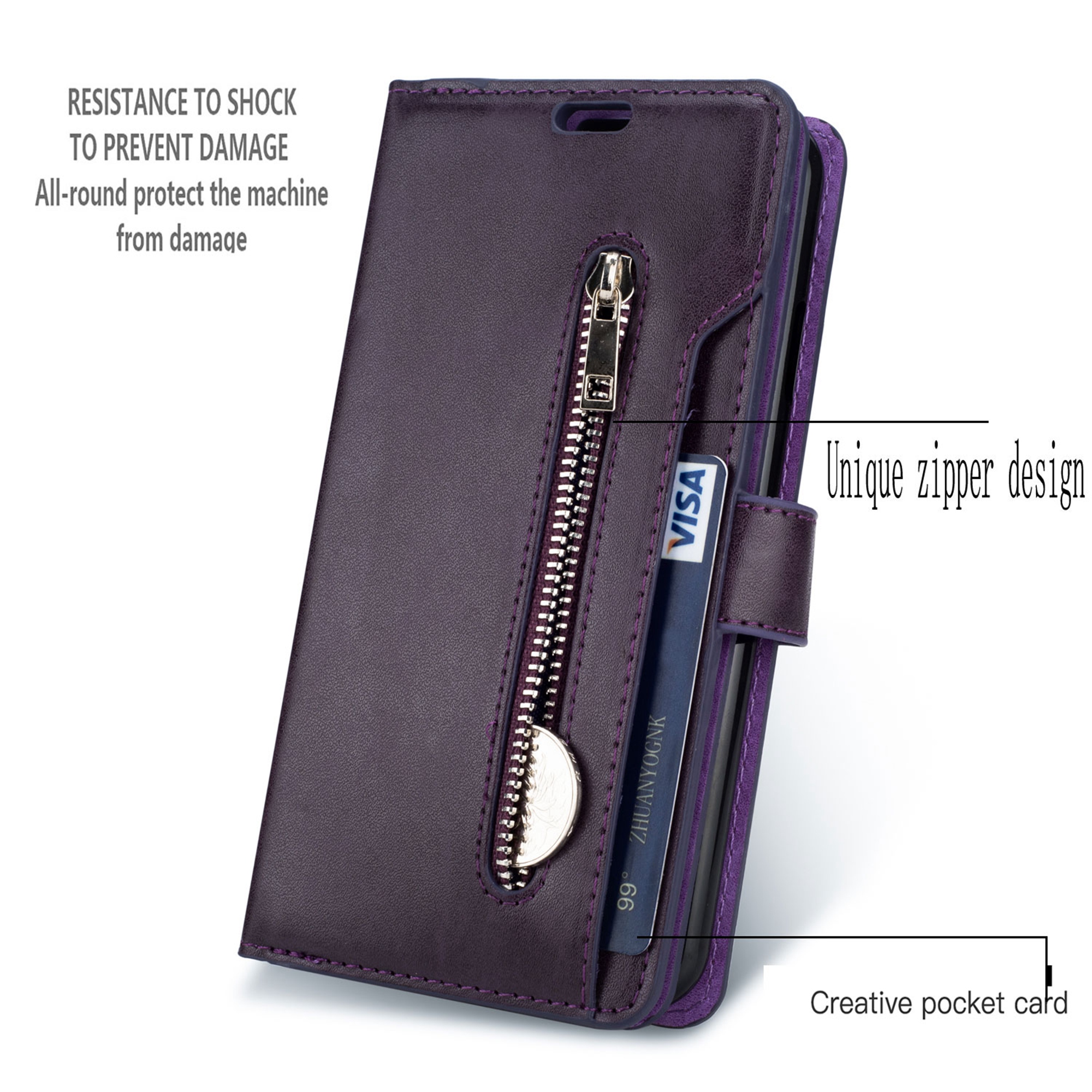 iPhone 11 Pro Max 6.5 inch Wallet Case, Dteck 9 Card Slots Premium Leather Zipper Purse case Flip Kickstand Folio Magnetic with Wrist Strap Credit Cash Cover For Apple iPhone 11 Pro Max, Purple - image 3 of 7