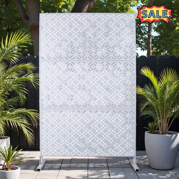 Tcbosik Metal Privacy Screen Outdoor, 76"H x 48"W Decorative Fence Screen, Freestanding Privacy Panel for Deck, Porch, Balcony, Backyard, White