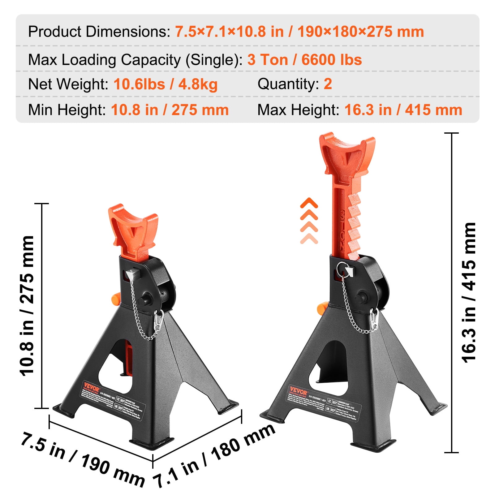 VEVOR Jack Stands, 3 Ton (6,000 lbs) Capacity Car Jack Stands Double Locking, 10.8-16.3 inch Adjustable Height,1 Pair
