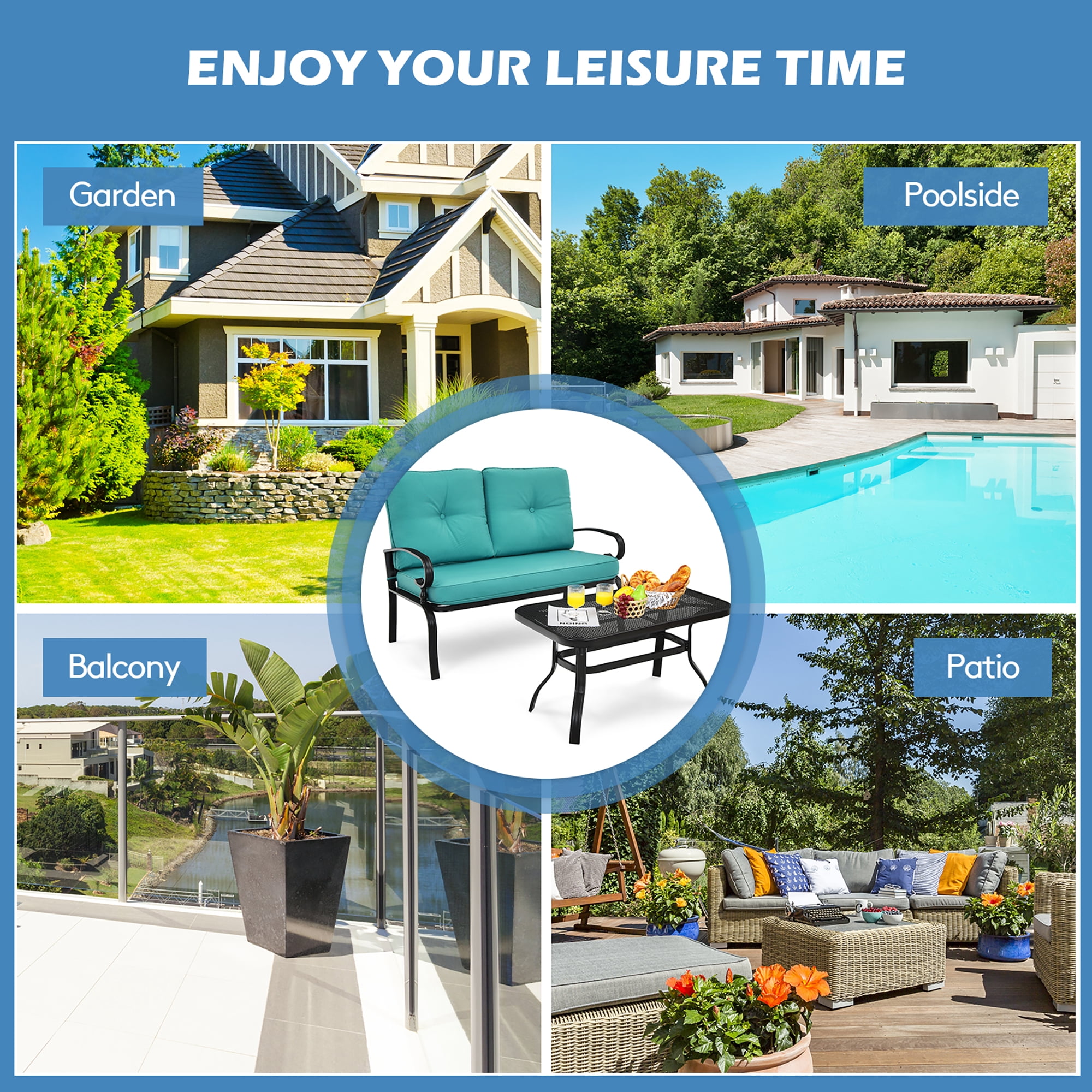 Costway 2PCS Patio Loveseat Bench Table Furniture Set Cushioned Chair Turquoise