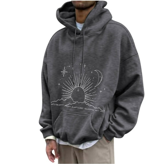 ZCFZJW Vintage Sun and Moon Print Hoodie Tops for Men Big and Tall Regular Fit Casual Graphic Long Sleeve Drawstring Hooded Pullover Sweatshirts with Pockets Dark Gray XXL
