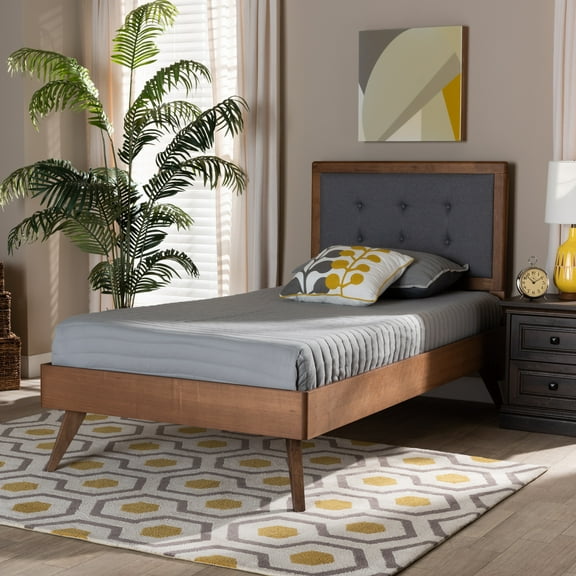 Baxton Studio Alida Mid-Century Modern Dark Grey Fabric Upholstered and Walnut Brown Finished Wood Twin Size Platform Bed