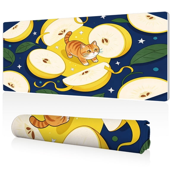LIVEKEY Extra Large Mouse Pad Cute Cat and Pears Design 80x40x0.3cm Full Desk Coverage Non Slip Surface Durable Easy Clean Stitched Edges for Gaming and Office