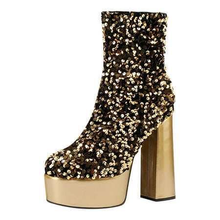 OJSFQUFP Womens Shoes Winter Warm Boots Women Ankle Boots Autumn and Winter New Pattern Fashion Sequin Decoration Shiny Thick Heel Thick Platform Comfortable Shoes Combat Boots Women Gold 40