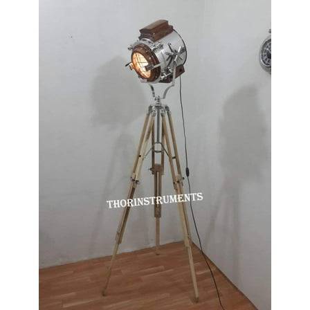 Collectible Marine Unique Chrome & Wood Spot Light Tripod Stand