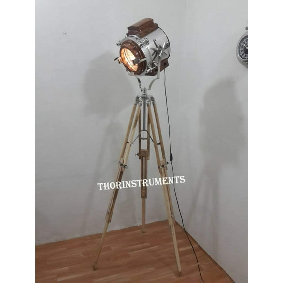 Collectible Marine Unique Chrome & Wood Spot Light Tripod Stand