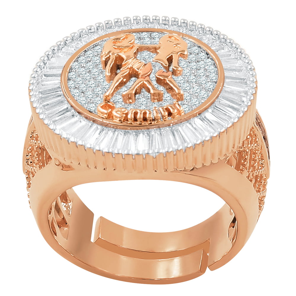 Mens 14K Rose Gold Finish Baguette Round Cut Simulated Diamond Gemini Twins Zodiac Sign Astrology Ring Band