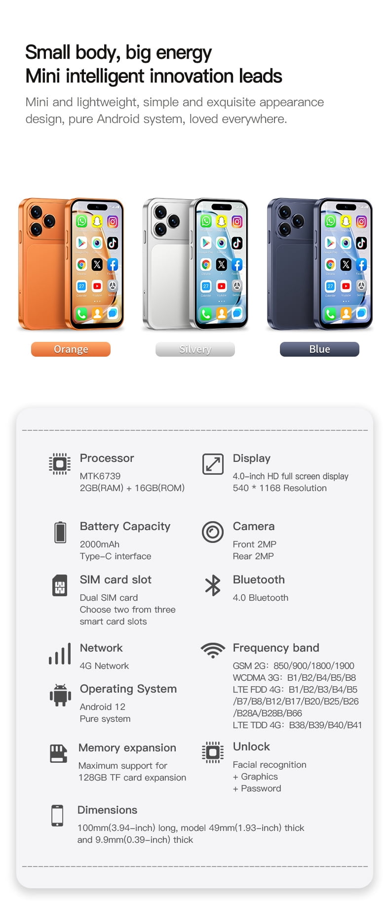 ONEMYTH A18 Pro Mini 4G Smartphone 4.0 Inch, 2GB RAM16GB ROM, Ultra-Compact Small Phone