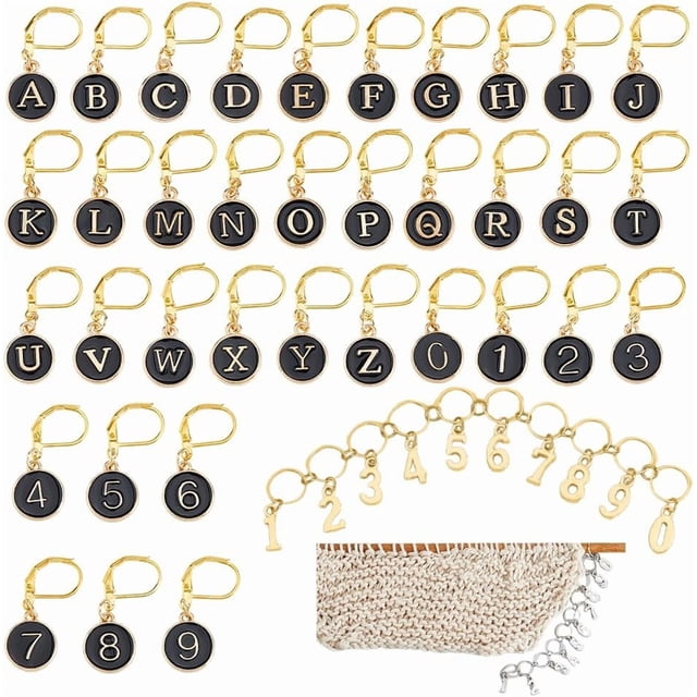 Juego de marcadores de punto de ganchillo de esmalte que incluye 36 marcadores de punto con números y letras y 2 cadenas contadoras de filas de tejido de aleación con temática numérica.