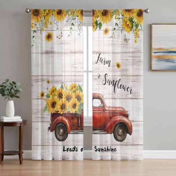 Sunflower Truck Sheer Curtains 72 Inch Length 2 Panels Set Window Treatments, Elegant Yellow Floral Summer Botanical Wooden Rod Pocket Semi Curtains for Living Room/Bedroom/Kitchen, 104"W x 72"L