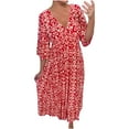 thumbnail image 2 of Dresses for Women Trendy Boho Floral Print Cover Up V Neck Half Sleeve Solid Sundress Red M, 2 of 6