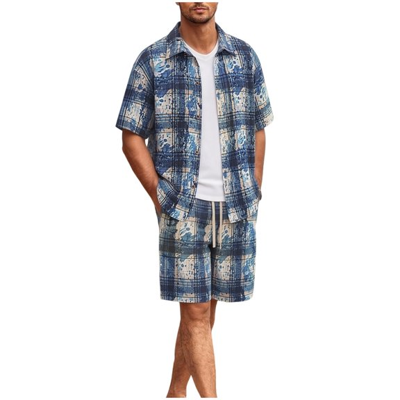 BLTIBY Men's Summer Beach Outfits 2 Piece Printed Short Sleeve Button Shirts and Drawstring Shorts Vacation Sets with Pockets Lightweight Blue 2 XXL