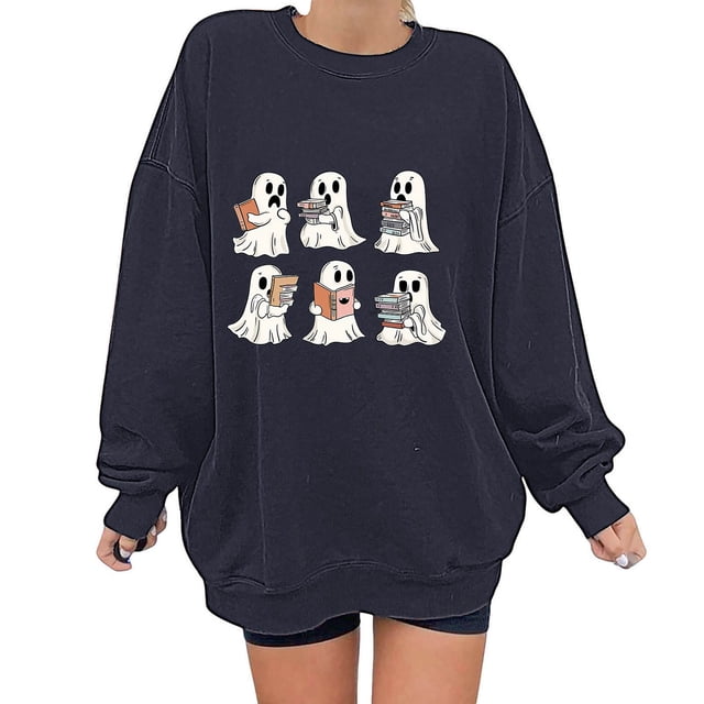 EGNMCR Chandails en Molleton à Capuche pour Femmes, Chandails en Molleton pour Femmes, Mode Féminine Automne Hiver Lunettes d'Halloween Fille Imprimé Décontracté Sports Col Rond Survêtements Manches Longues Blouse pour Femmes