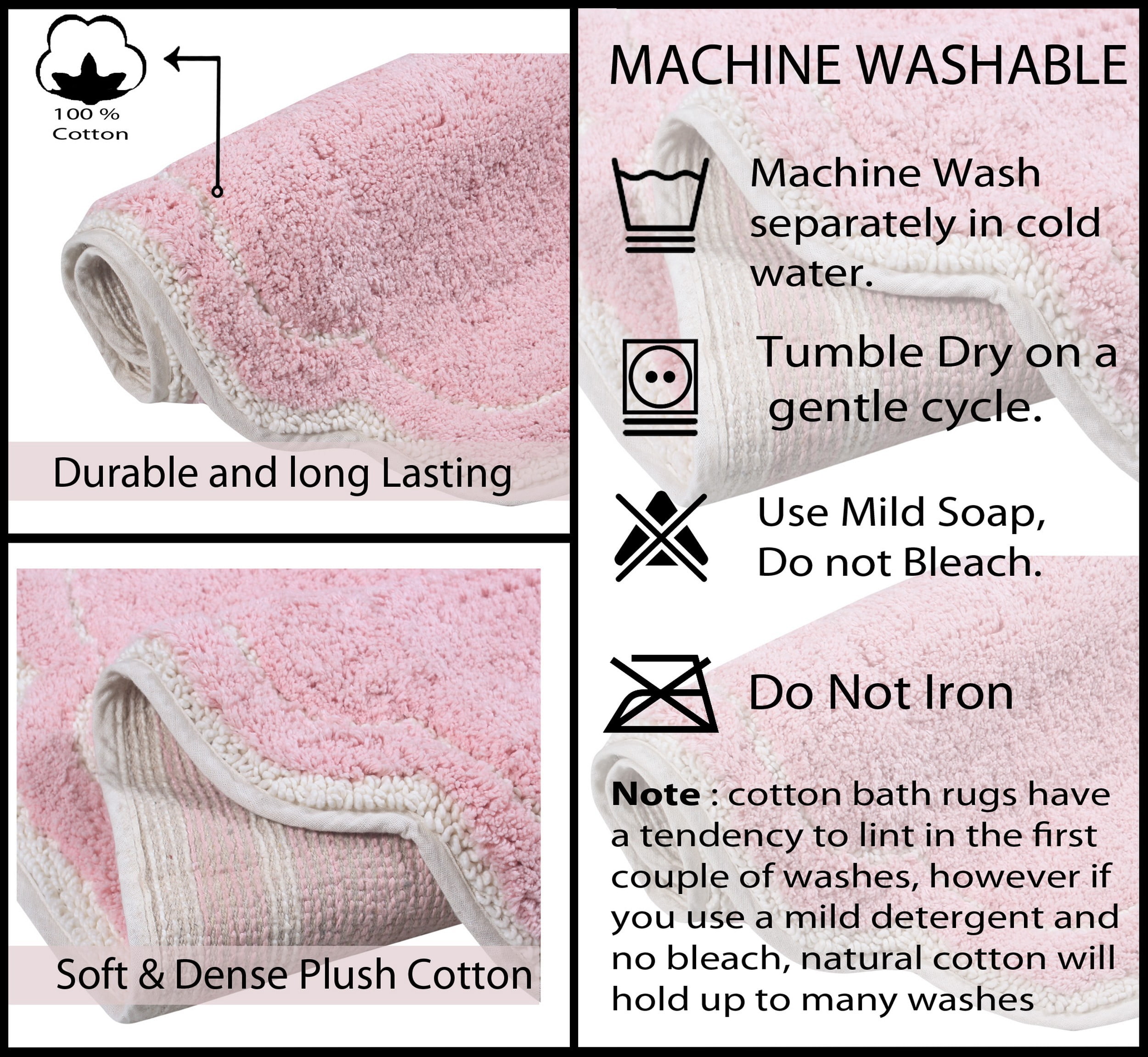 Home Weavers Allure Collection 100% Cotton Non-Slip Bathroom Rug Set Machine Washable Bathroom Rug-17"x24", Bath Rug- 21"x34", Pink Color 2 Piece Bath Carpet set