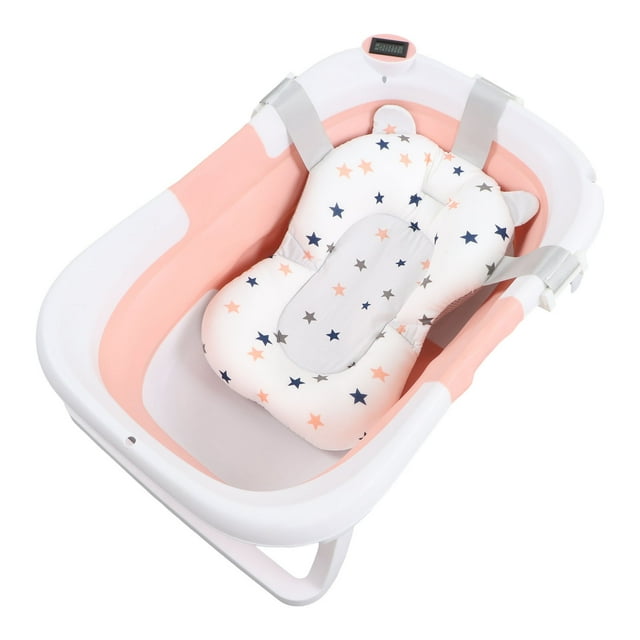 Bañera para bebé con almohadilla de suspensión antideslizante y orificio de drenaje, plegable, color rosa