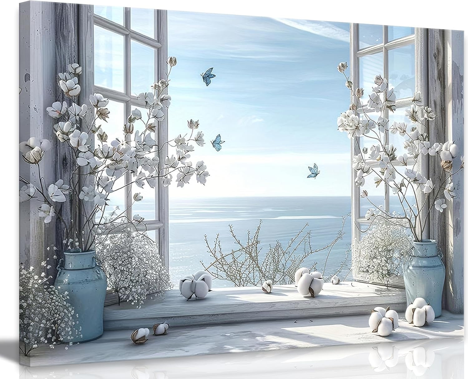 Coastal Flower Bathroom Canvas Wall Art Farmhouse Cotton Bouquet and Butterfly Bathroom on Window Wall Decor Rustic Blue Beach Butterfly Poster Print for Living Room Bedroom Restroom Home Decoration