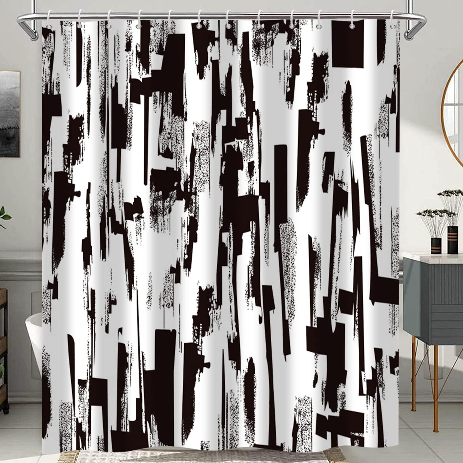 Black and White Shower Curtain Abstract Modern Art Painting Bath Curtains Ombre Brush Strokes Contemporary Bathroom Decor Waterproof Polyester Fabric with Hooks 72Wx72L