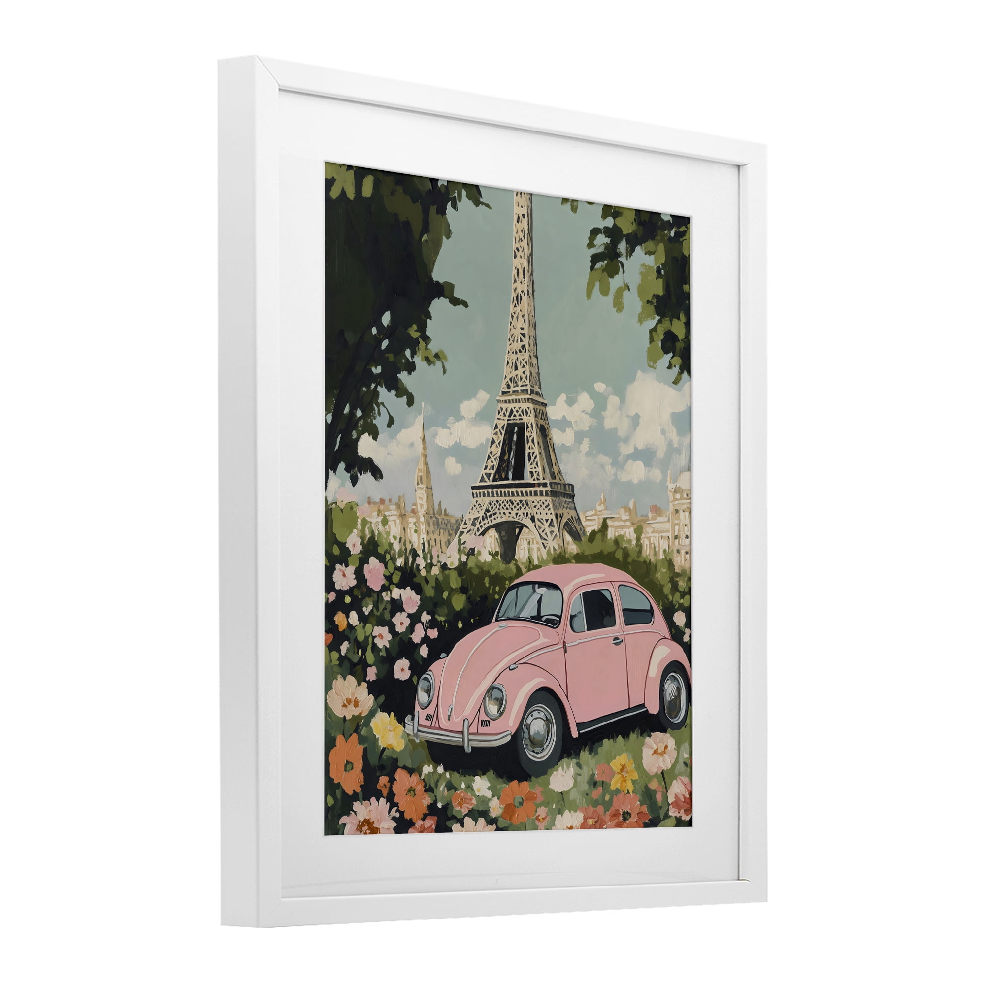 Stupell Industries Paris Pink Car in Bloom White Framed Print Under Glass, design by The Prints Vibe