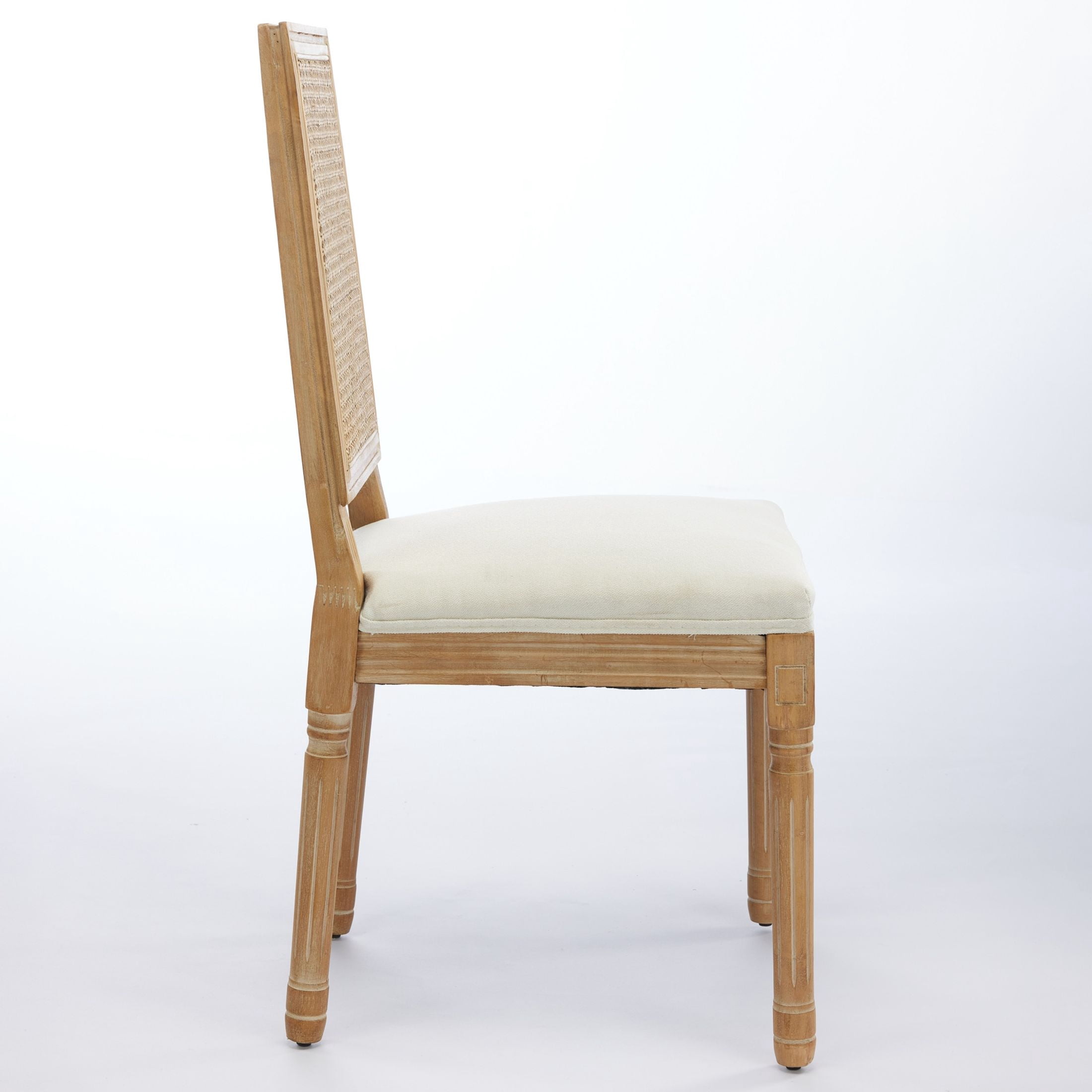 Noble House Set of 2 French Decor Dining Chairs, Rattan Backrest, Linen Fabric Seat, Beige