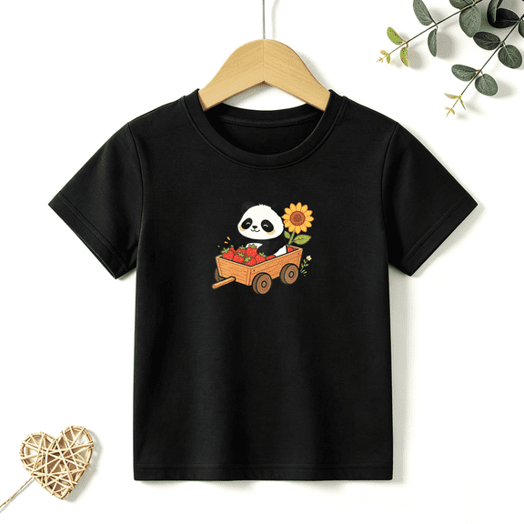 Girls Graphic Tees Panda Strawberry Cart Kids T Shirt Cute Fruit Tee 100% Cotton Short Sleeve Soft Tops 4-13Y