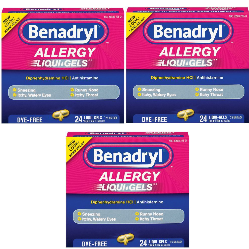 3 Pack BENADRYL ALLERGY LIQUI-GELS DYE-FREE 25MG 24 LIQUI GELS