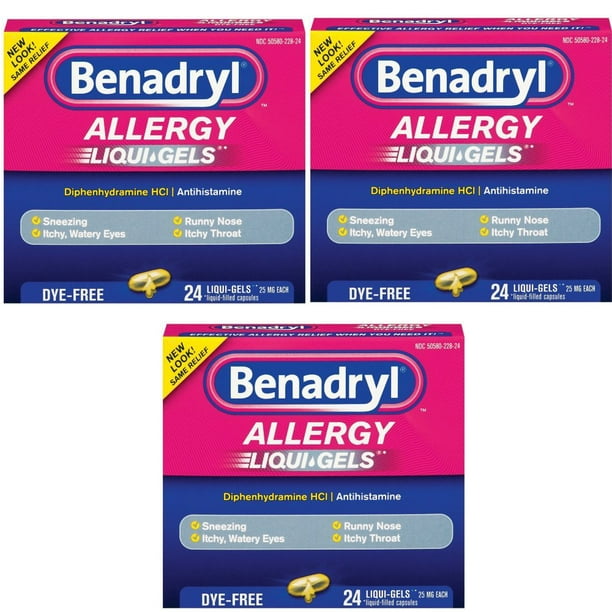 3 Pack Benadryl Allergy Liqui Gels Dye Free 25mg 24 Liqui Gels Walmart Com