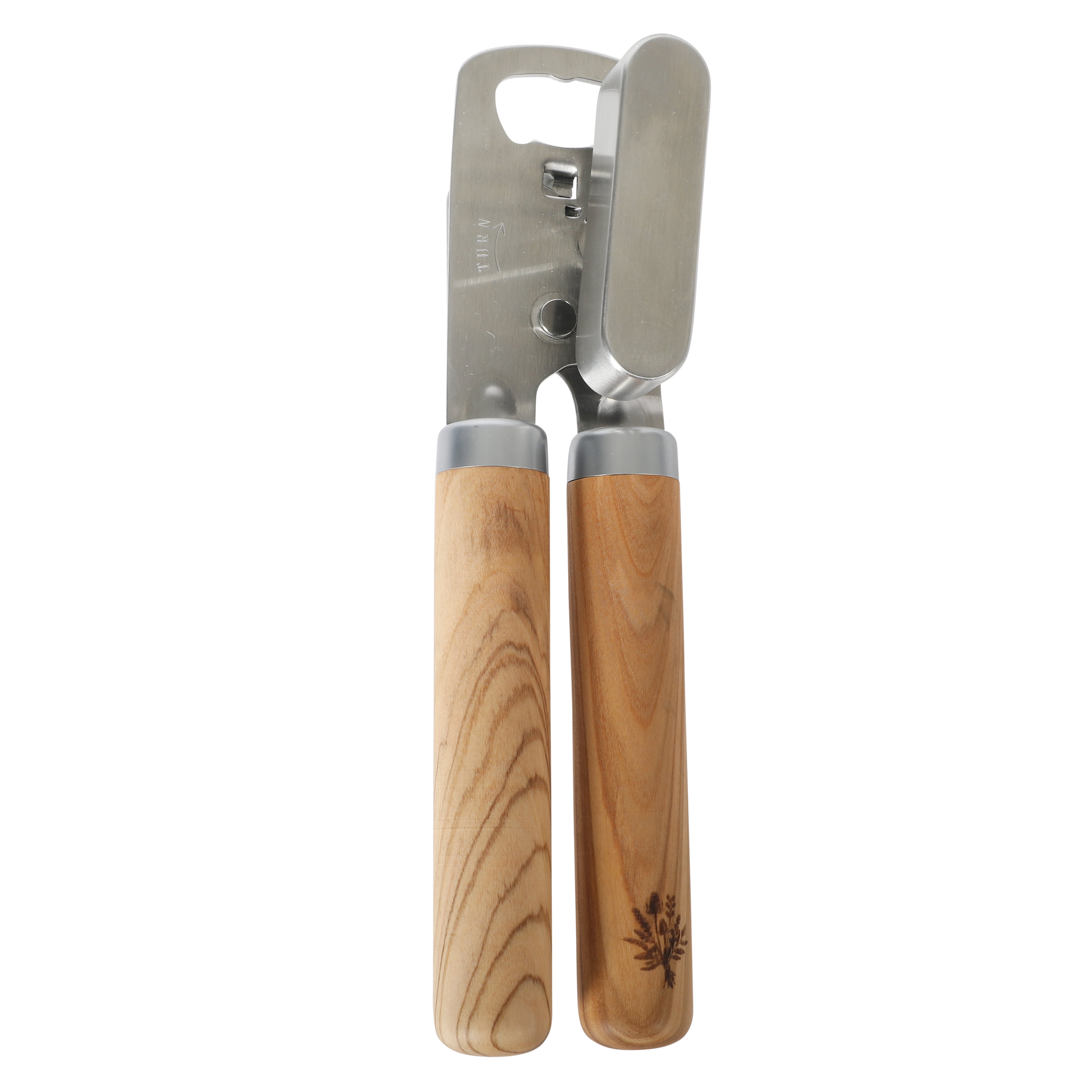 The Pioneer Woman Stainless Steel Manual Can Opener with Built-In Bottle Opener and Olivewood Handles