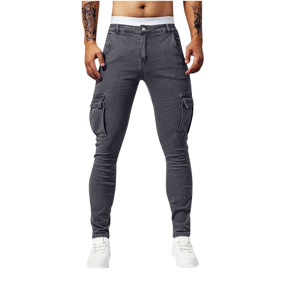 WRKEKC Jeans for Men Washed Multiple Pockets Solid Color Stretch Tight Ankle Denim Pants for Slim Fit